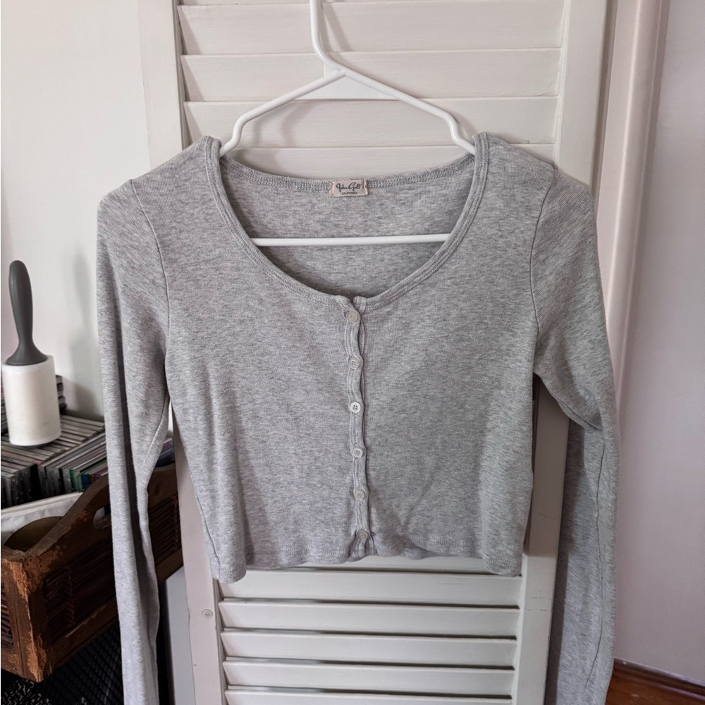 Gray Long Sleeve Button-Up Top